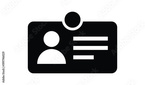 Minimalist black and white identification card icon with silhouette of a person and three horizontal lines on a rectangular background.