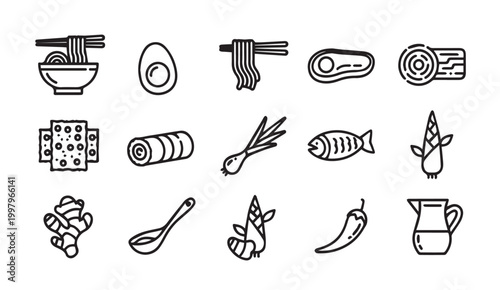 Collection of Asian food ingredients and dishes in simple line art style