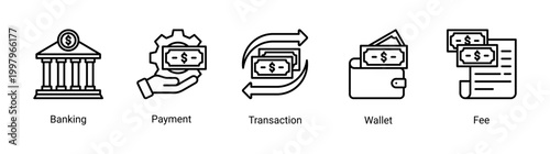 Banking icon set featuring payment,transaction,wallet,and fee icons.Suitable for fintech apps and digital financial services.