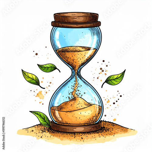 Hourglass with sand flowing down slowly.