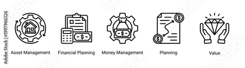 Financial planning icon set featuring asset management,money management,and planning icons.Suitable for financial advisory and business planning.