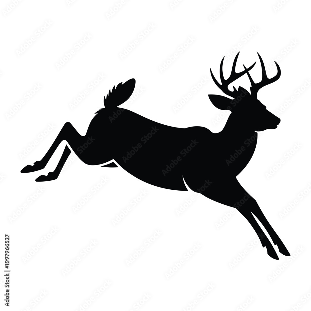 Fototapeta premium Black silhouette of a leaping deer with antlers white background