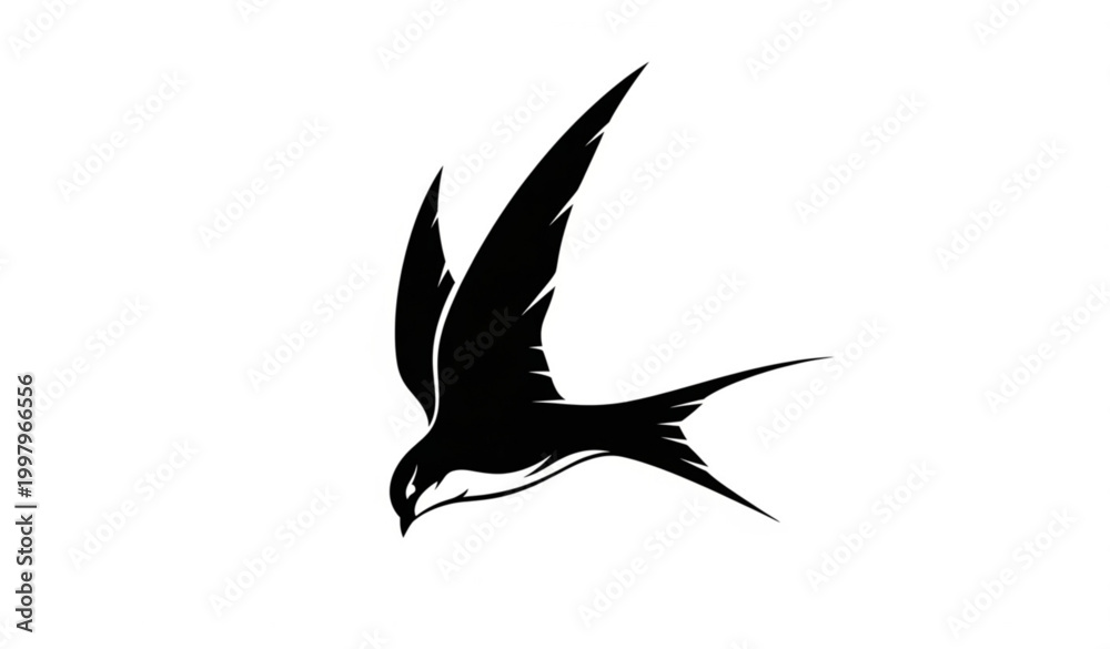 Fototapeta premium Dynamic swift bird diving silhouette vector with sharp wings and forked tail isolated design