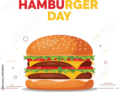 Colorful flat vector illustration of a delicious double cheeseburger for national hamburger day celebration