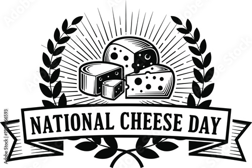 National cheese day vintage badge with laurel wreath and various cheese types for dairy festival celebration