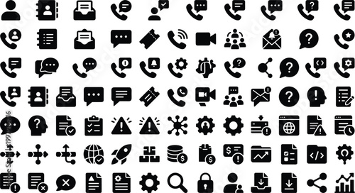 Communication and Business Interface Icon Set Featuring Messaging, Calls, Notifications, Documents, Workflow, Analytics and System Management Concepts