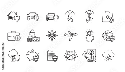 Collection of diverse insurance icons representing security and protection for various assets and life events