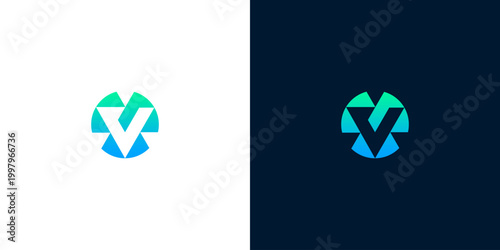 Abstract circular V logo design with gradient colors on white and dark backgrounds, modern branding concept