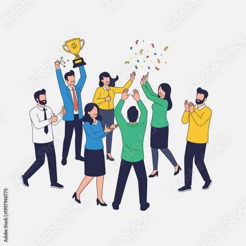 Diverse group celebrating with trophy.