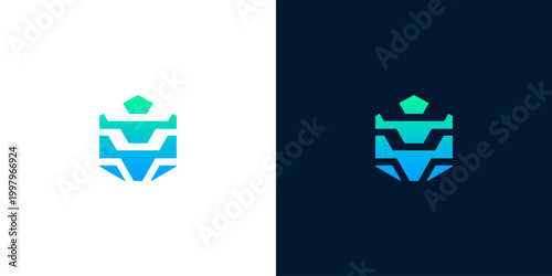 Dynamic abstract polygonal shield-like emblem in vibrant blue and teal, a versatile and contemporary graphic symbol for a modern company brand identity