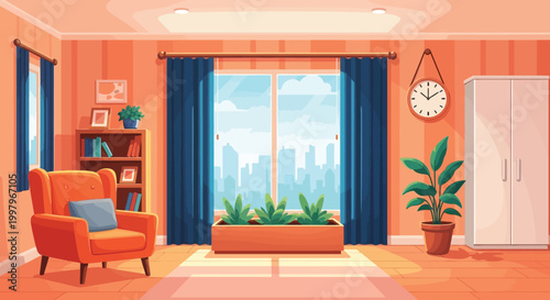 A brightly lit living room features comfortable seating a cityscape view and warm inviting colors