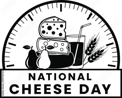 National cheese day label design with clock background pears wheat and a glass of drink for food celebration