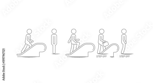 A minimalist line drawing depicts people ascending and descending an escalator showcasing movement high quality