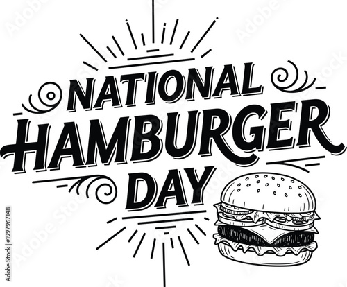 Vintage style national hamburger day badge with sunburst effect and hand drawn burger illustration for print