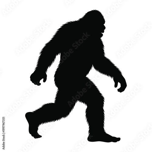 Black silhouette of bigfoot walking on white background