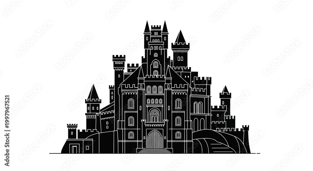 Obraz premium Black Silhouette of a Medieval Castle on White Background