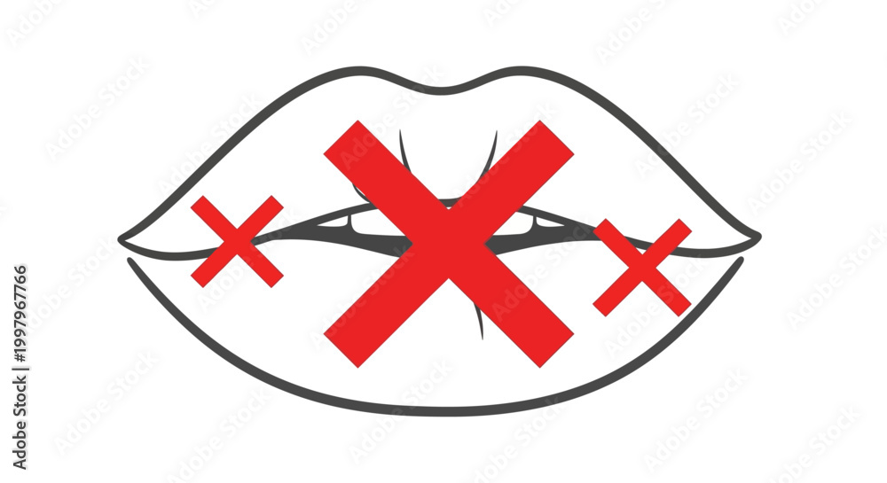 Obraz premium No talking, silence, quiet, lips icon, vector symbol, red cross, no speech