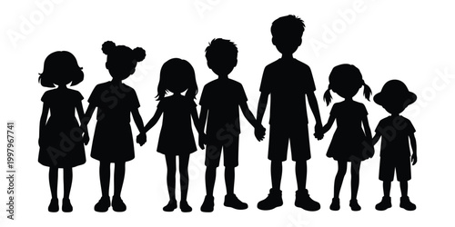 Diverse group of children holding hands silhouette