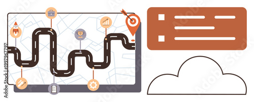 Business planning, project management, goal tracking, cloud storage, digital solutions, strategic planning. Roadmap with icons, target pin and cloud outline. Business planning and project management