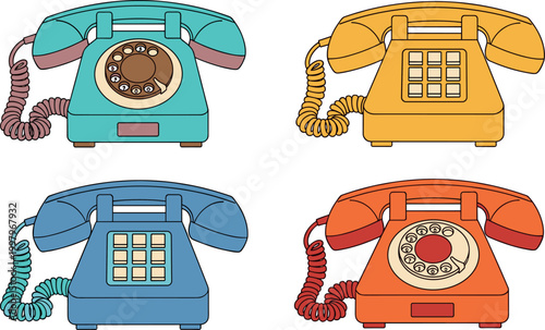 Bild auf Leinwand Set of Colorful Retro Telephones with Rotary and Push Button Designs