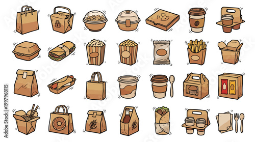 Set of Hand-drawn Doodle Icons for Eco-friendly Kraft Paper Takeout Food Packaging Featuring Pizza Boxes, Coffee Cups, Burger Containers, Paper Bags, Popcorn Tubs, and Delivery Service Tools
