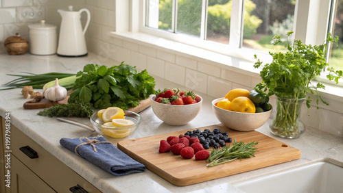 Quadro su tela Fresh Fruits and Vegetables on Kitchen Counter