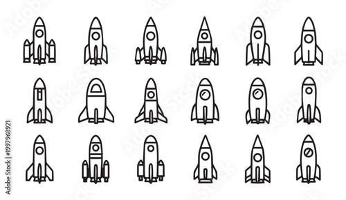 Collection of linear rocket icons in a grid on a white background