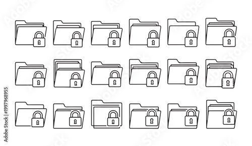 Collection of locked folder icons for data security and privacy concepts