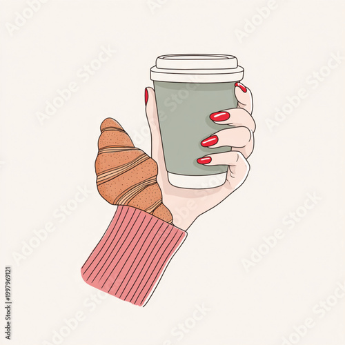 Coffee and Pastry Delight: A delicate hand adorned with red nail polish delicately holds a warm cup of coffee and a buttery croissant, evoking a sense of cozy indulgence.