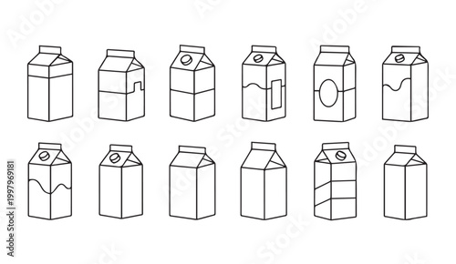 Collection of milk cartons with varied designs on a white background