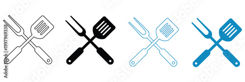 Crossed spatula fork icon, barbecue grilling utensil symbols, kitchen tools silhouette, colorful flat variants, cooking design
