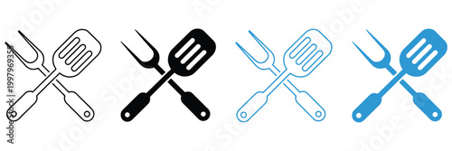 Crossed spatula fork icon, barbecue grilling tools silhouette, kitchen utensil symbols, colorful variants, cooking theme design
