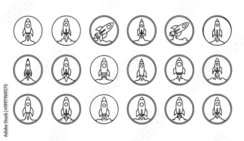 Collection of minimalist rocket launch icons in circles on a white background