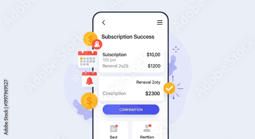 Mobile phone screen with subscription success message and financial details.