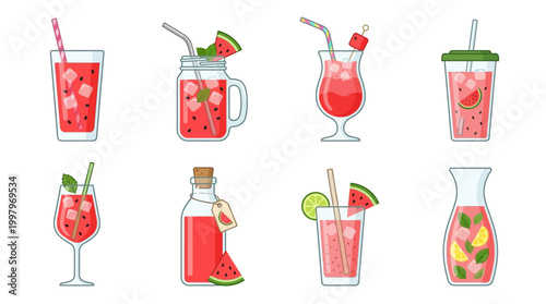 Collection of refreshing watermelon drinks with ice cubes, mint, and citrus garnished with straws