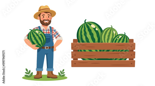Smiling farmer proudly displays a large, ripe watermelon while standing next to a crate filled with fresh watermelons.