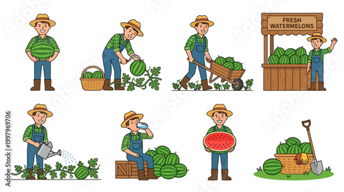 A friendly cartoon farmer, wearing a hat and overalls, showcases various stages of growing, harvesting, and selling watermelons.