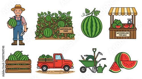 Farmer with shovel holds fresh watermelon, showcasing farm produce, truck, and market stand.