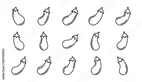 Collection of outline eggplants in varying shapes and sizes on a white background