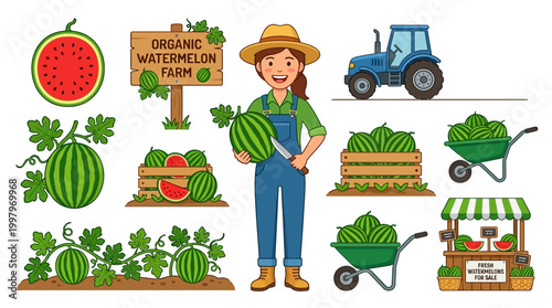 Cheerful young female farmer holding a fresh watermelon while surrounded by various agriculture equipment and sweet organic fruit harvest icons.