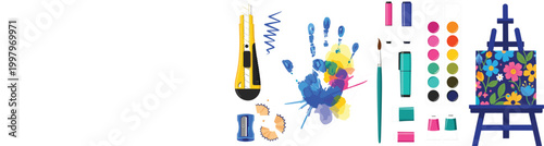 Art supplies collection with paint splashes brushes palette knife cutter sharpener and easel illustration, creative tools set for painting, drawing and design isolated on white