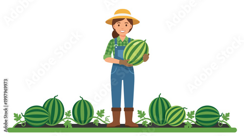 A happy female farmer in a straw hat and overalls proudly holds a freshly harvested ripe watermelon from her abundant garden.