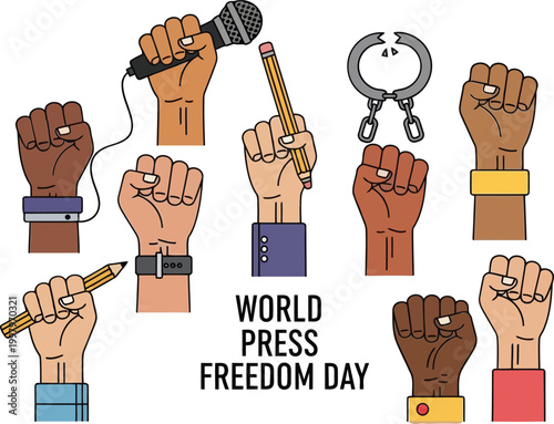 World Press Freedom Day concept with human hands holding pencils and microphones raised in protest against censorship and broken handcuffs