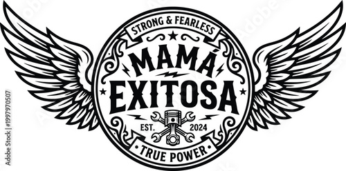 Cuadro en lienzo Vintage Mama Exitosa motorcycle emblem, winged biker badge with piston and wrenc