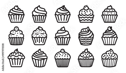 Collection of simple cupcake line drawings with assorted frosting and toppings on a white background