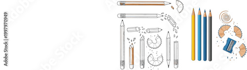 Pencil lifecycle illustration with breaking, sharpening and shavings, colored and outline versions, school stationery concept for drawing, writing and creative process isolated on white