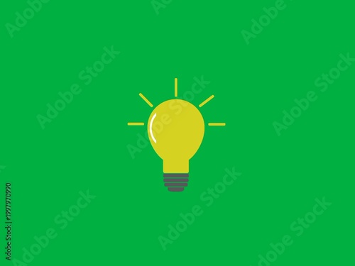 Flat design yellow lightbulb icon with rays on green background representing idea, inspiration, innovation, creativity concept in minimalistic style for web and mobile applications