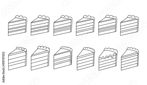 Collection of simplified cake slices with cream and glaze outlines for design
