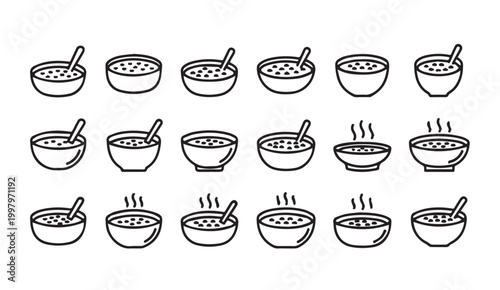 Collection of simplified soup bowls with spoons and steam in a clean line art style