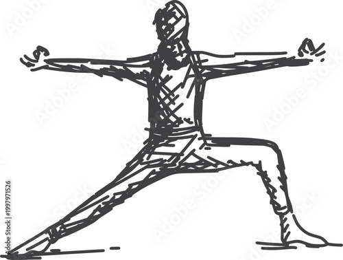 Abstract Warrior II Yoga Pose Black and White Line Art